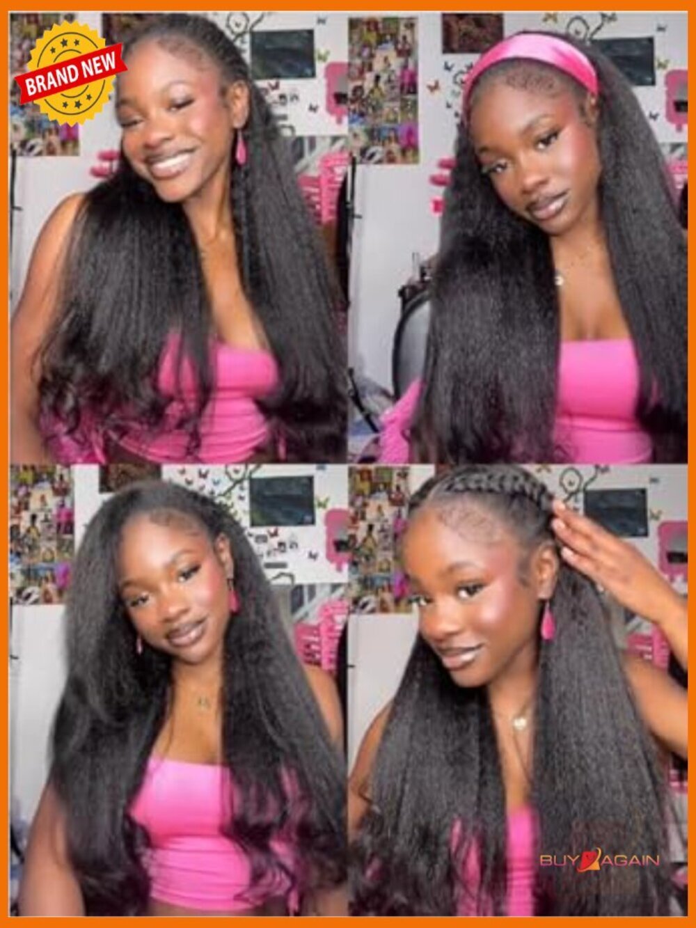 Kinky Straight V Part Wig Human Hair Glueless Drawstring 150% Density 16inch